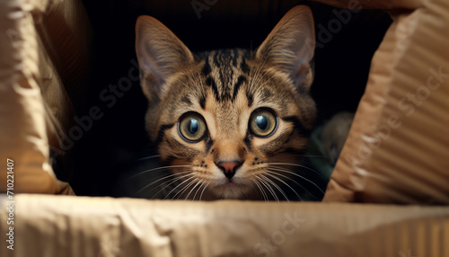 Cute kitten with striped fur, staring, resting on pillow generated by AI