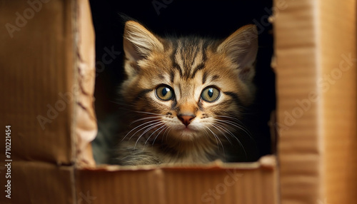 Cute kitten hiding, peeking out, staring with curious eyes generated by AI