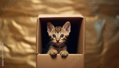 Cute kitten hiding in a box, peeking and staring generated by AI
