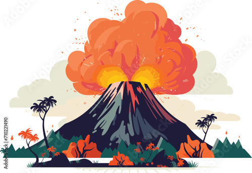 Volcano eruption with vibrant explosion, lava, and smoke. Tropical scene with palms and flora. Catastrophic nature event vector illustration.