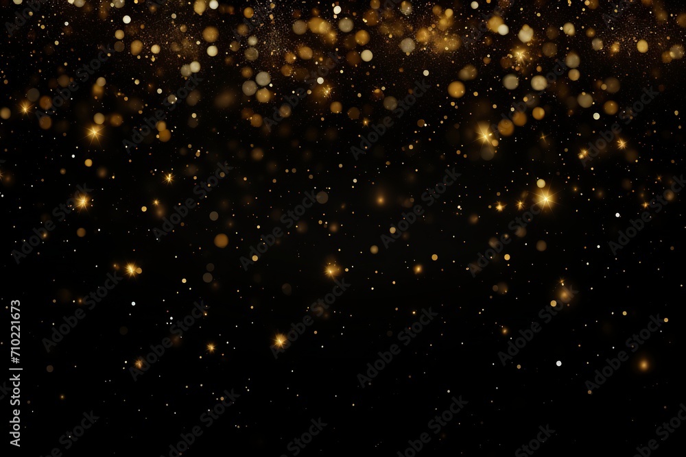 Abstract background with golden glitter effects on black background. Golden glitter for overlay in graphic art. Golden light in bokeh effect.