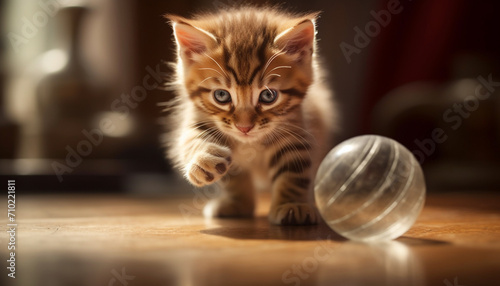 Cute kitten playing with toy ball, looking at camera generated by AI
