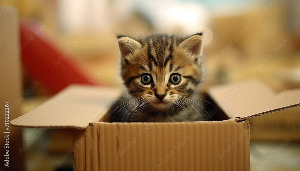 Cute kitten playing in a cardboard box, looking adorable generated by AI