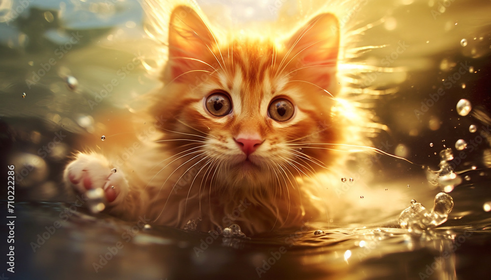 Cute kitten playing outdoors, wet fur, staring at camera generated by AI