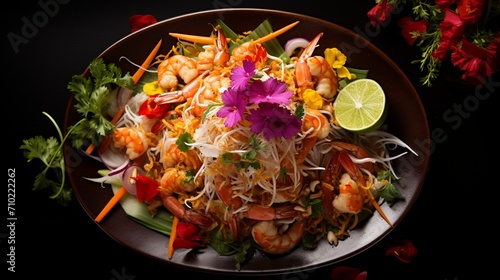An artistic composition of Pad Thai with shrimp, showcasing the vibrant colors and appealing arrangement of the ingredients.