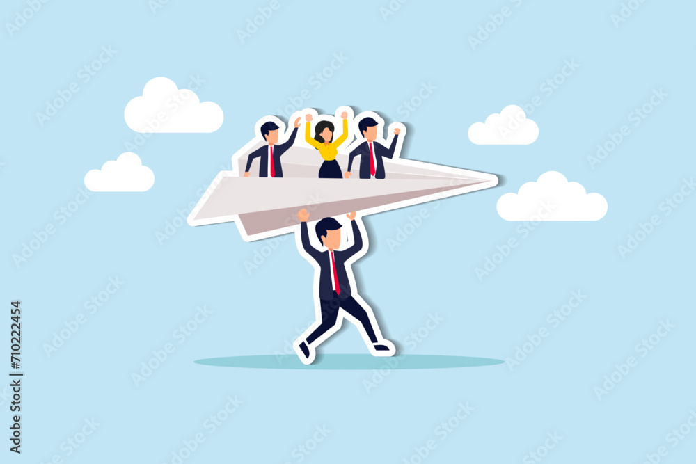Mentor or support employee to success, manager to help or advice staff to reach goal, work coaching or adviser expert concept, businessman manager launching paper plane origami with team colleagues. Mentor or support employee to success, manager to help or advice staff to reach goal, work coaching or adviser expert concept, businessman manager launching paper plane origami with team colleagues.