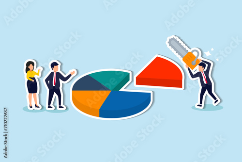 Profit or revenue sharing payment scheme, payment share with other employee in percentage pie chart, formula or distribution to calculate wages, business people cutting pie chart for their paid part.