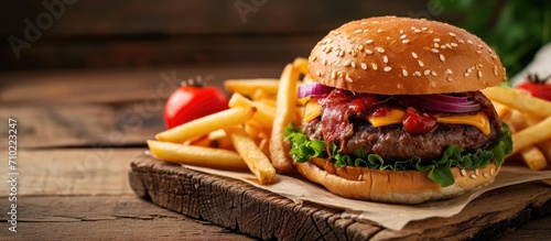 Tasty burger, fries, on wooden surface.