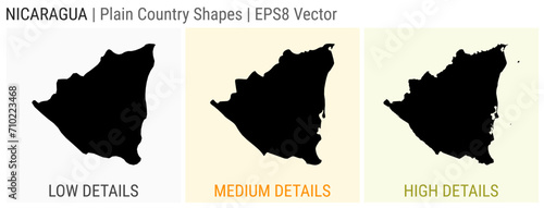 Nicaragua - plain country shape. Low, medium, and high detailed maps of Nicaragua. EPS8 Vector illustration.