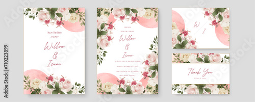 Pink and white rose floral wedding invitation card template set with flowers frame decoration. Watercolor wedding invitation template with arrangement flower and leaves #710223899