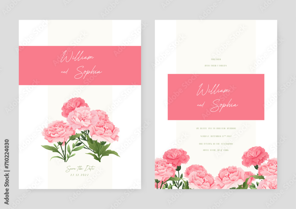 Pink chrysanthemum artistic wedding invitation card template set with flower decorations. Watercolor wedding invitation template with arrangement flower and leaves