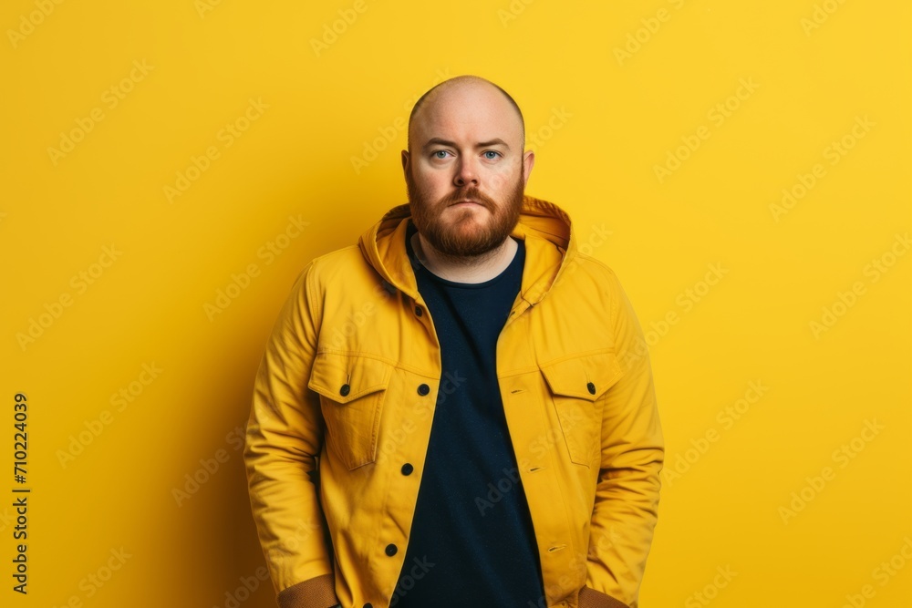 Portrait of a bearded man in a yellow jacket on a yellow background Portrait of a bearded man in a yellow jacket on a yellow background