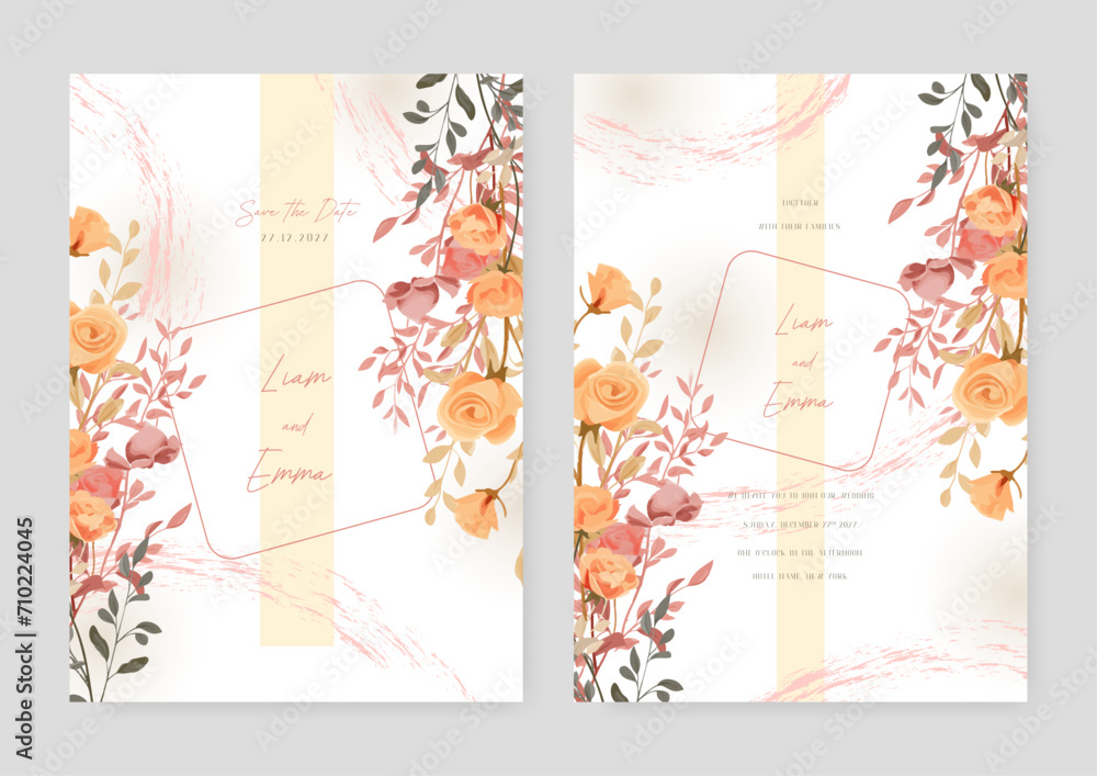 Pink and orange rose modern wedding invitation template with floral and flower. Watercolor wedding invitation template with arrangement flower and leaves