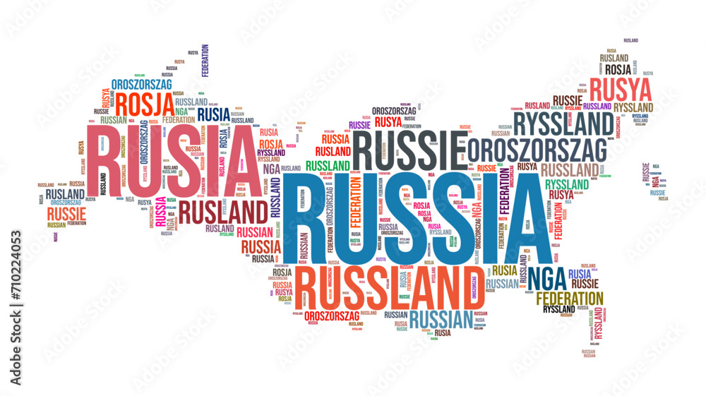 Fototapeta premium Russia country shape word cloud. Typography style country illustration. Russia image in text cloud style. Vector illustration.