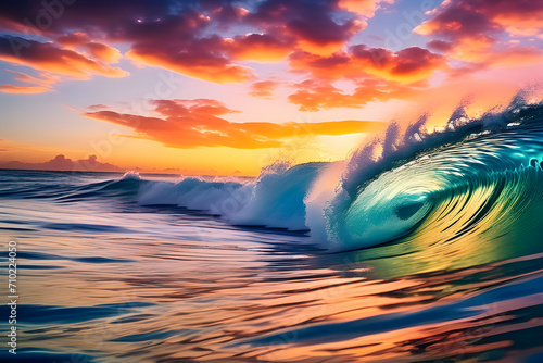 The beauty of the sea: The magic of colorful rice-shaped seawater and sunset generative ai