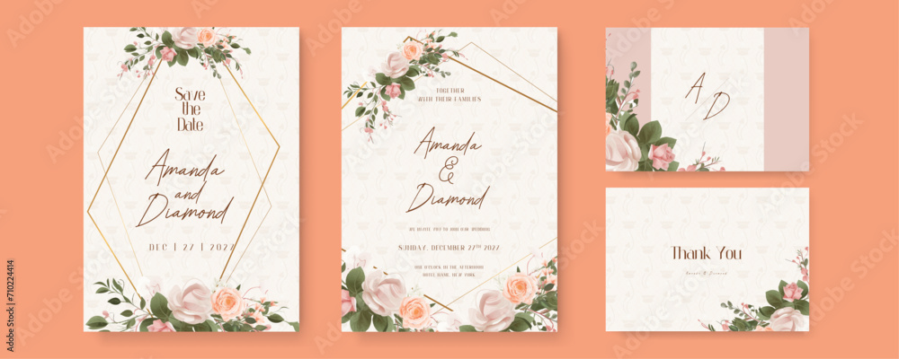 Peach and beige rose elegant wedding invitation card template with watercolor floral and leaves. Watercolor wedding invitation template with arrangement flower and leaves