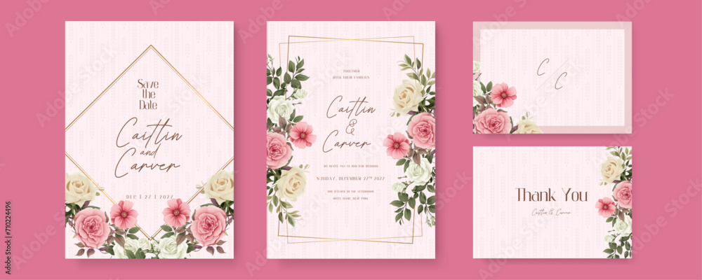 Pink and white rose modern wedding invitation template with floral and flower. Watercolor wedding invitation template with arrangement flower and leaves