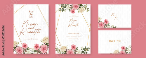 Pink and white poppy and rose modern wedding invitation template with floral and flower. Watercolor wedding invitation template with arrangement flower and leaves
