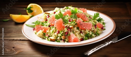 Nutritious quinoa salad with veggies and grapefruit.