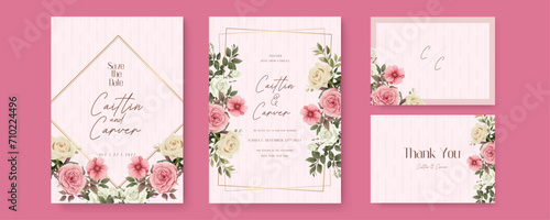 Pink and white rose modern wedding invitation template with floral and flower. Watercolor wedding invitation template with arrangement flower and leaves