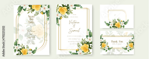 Yellow rose set of wedding invitation template with shapes and flower floral border. Watercolor wedding invitation template with arrangement flower and leaves
