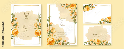 Yellow rose floral wedding invitation card template set with flowers frame decoration. Watercolor wedding invitation template with arrangement flower and leaves