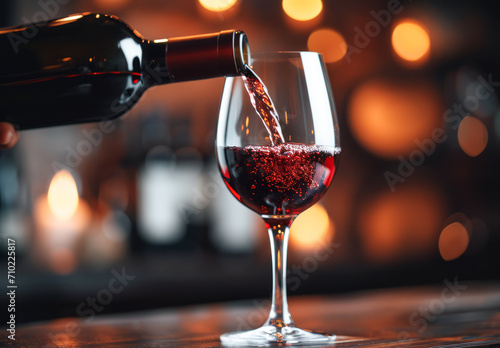 Red wine being poured into a glass with grapes in the background.