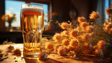 Beer glass on wooden table, frothy drink, refreshing celebration generated by AI