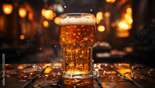 A frothy pint glass of golden beer illuminates the bar counter generated by AI