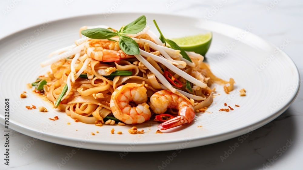 An overhead shot of Pad Thai with shrimp on a minimalist white plate, capturing the simplicity and elegance of the dish.