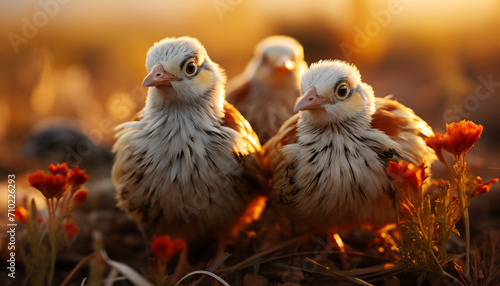 Young chickens roam freely in a sunny, rural farm meadow generated by AI