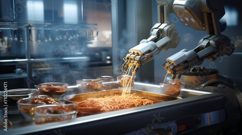 A modern kitchen with Mapo noodles being prepared by robotic arms, showcasing technological integration.