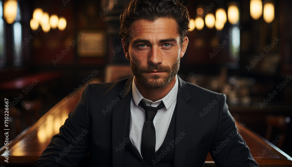 Confident businessman in suit looking at camera, indoors, caucasian ethnicity generated by AI Confident businessman in suit looking at camera, indoors, caucasian ethnicity generated by AI
