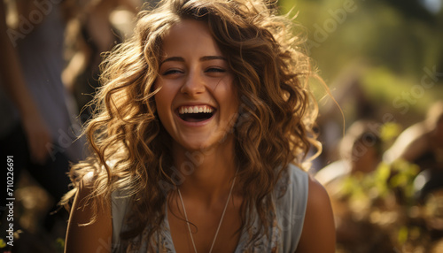 Smiling young woman enjoying nature, carefree and full of happiness generated by AI
