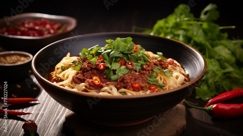 A steaming bowl of Mapo noodles on a rustic wooden table, surrounded by vibrant chili peppers and fresh cilantro.