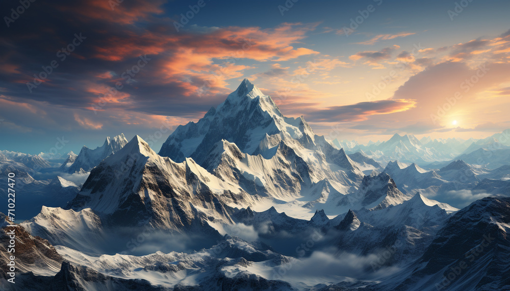 Majestic mountain peak, snow covered, nature beauty generated by AI
