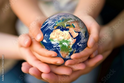 Family mom and child holding Earth in hands