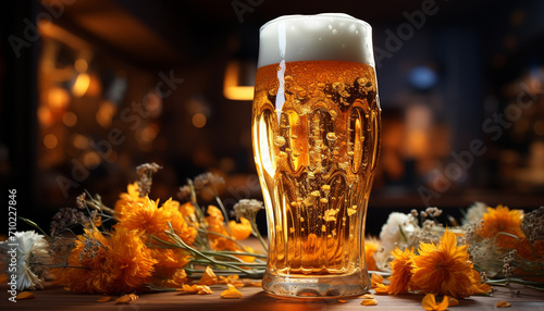 Freshness in a frothy drink, a pint glass of golden beer generated by AI photo