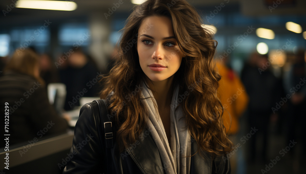 A confident young woman, with long brown hair, looking fashionable generated by AI