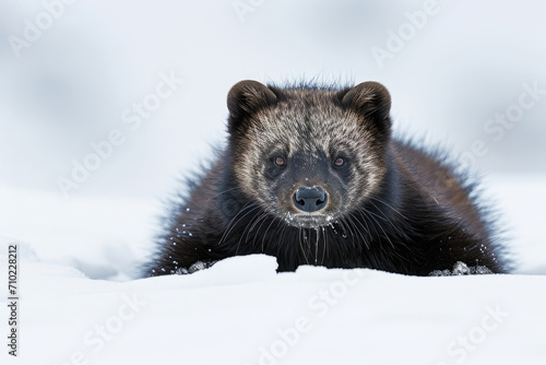 A wolverine exhibits stealth in the pristine alpine snow © Veniamin Kraskov