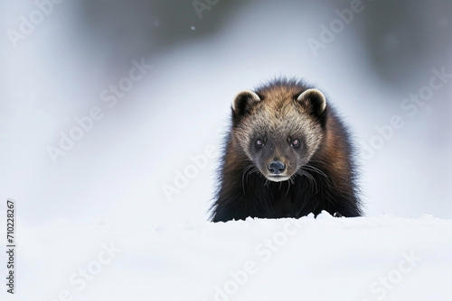 A wolverine exhibits stealth in the pristine alpine snow © Veniamin Kraskov