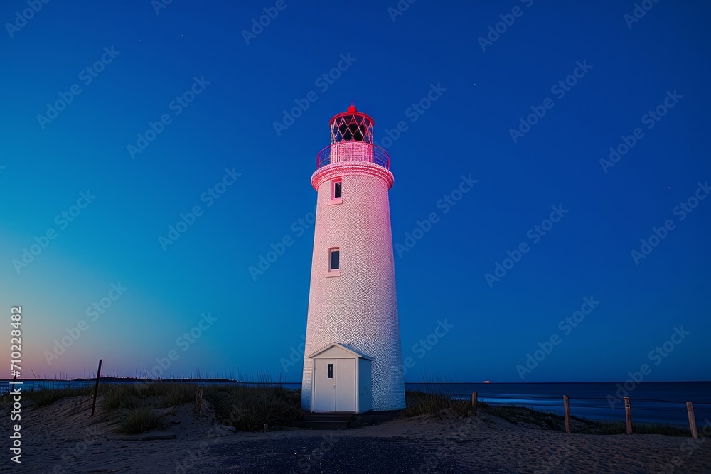 Beautiful lighthouse on the coast during blue hour in the sunrise at summertime with a blue sky without any cloud.