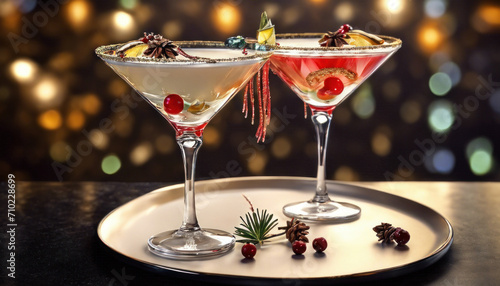 Two decorated martini glasses filled with cocktails  presented on a tray  adorned with festive garnishes against a backdrop of twinkling lights.