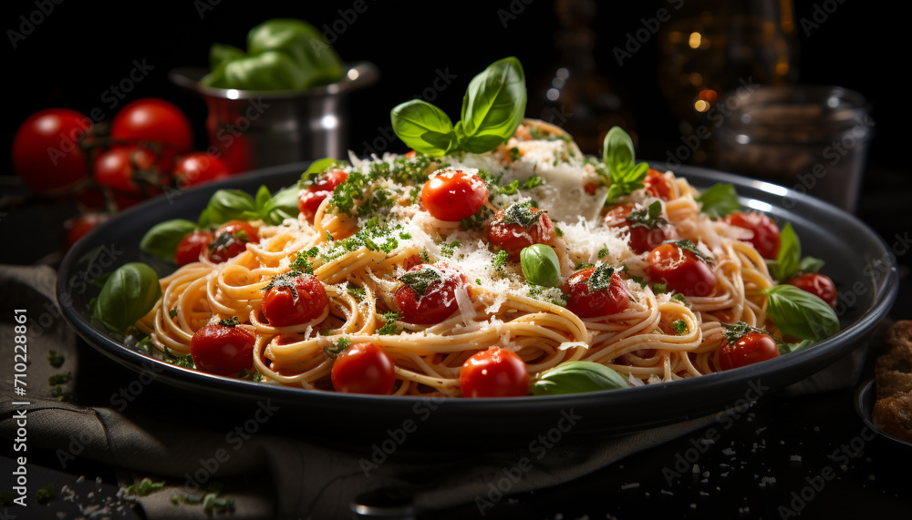Freshness and gourmet pasta on a rustic plate generated by AI Freshness and gourmet pasta on a rustic plate generated by AI