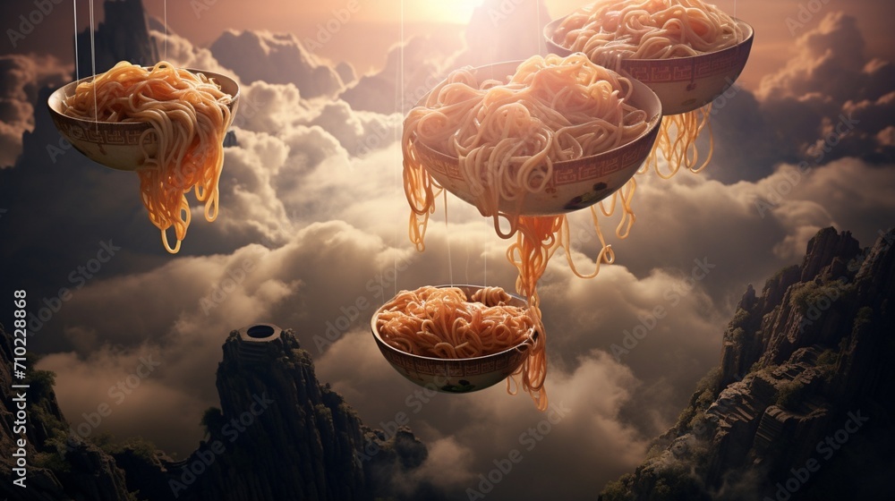 A surreal scene of Mapo noodles floating in the air, defying gravity in a dreamlike environment. - obrazy, fototapety, plakaty 