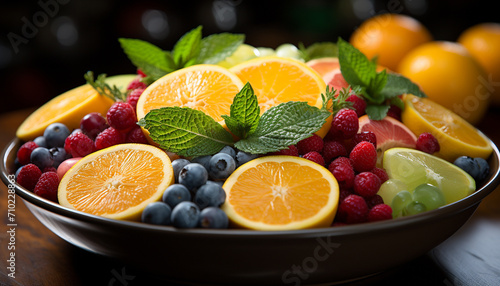 Freshness and variety in a colorful fruit bowl generated by AI