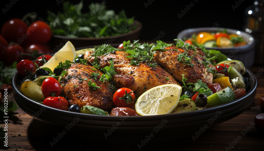 Grilled meat and vegetable plate, healthy and fresh generated by AI Grilled meat and vegetable plate, healthy and fresh generated by AI