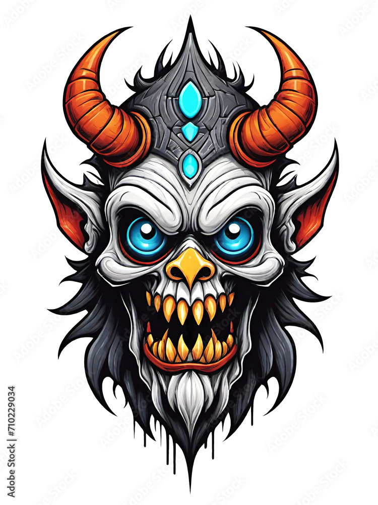 Fototapeta premium Skull head of the devil in cartoon style illustration on transparent background
