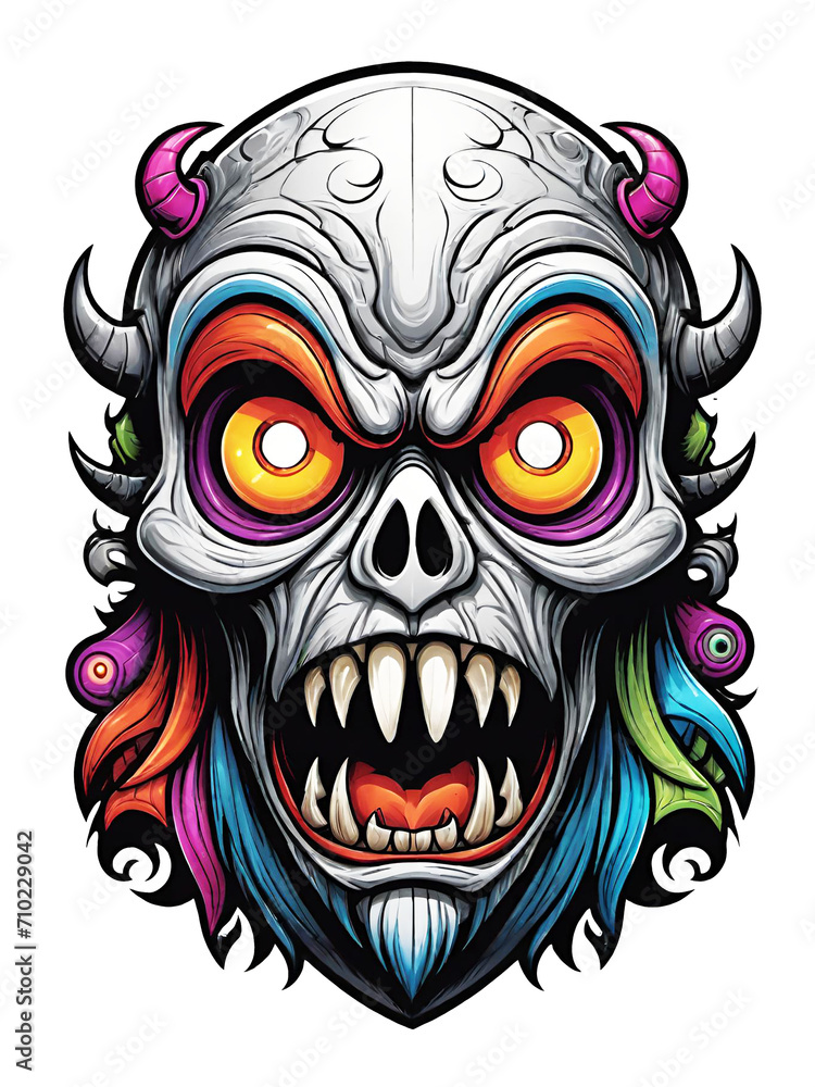 Gothic skull head with horns cartoon style illustration on transparent background