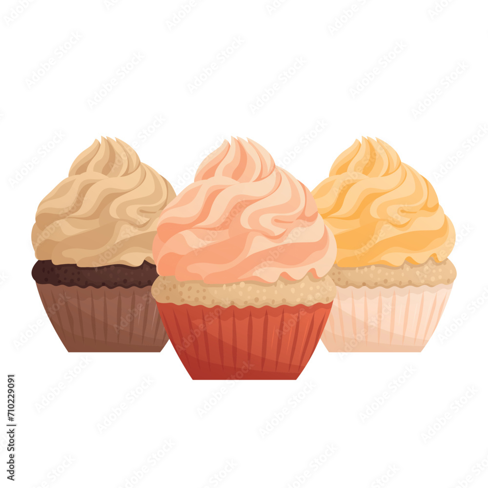 Three cupcakes decorated with whipped cream. Vanilla and chocolate cakes. Bakery, sweet food, dessert, pastry concept. Vector illustration for poster, banner, cover, card, postcard, menu. Three cupcakes decorated with whipped cream. Vanilla and chocolate cakes. Bakery, sweet food, dessert, pastry concept. Vector illustration for poster, banner, cover, card, postcard, menu.